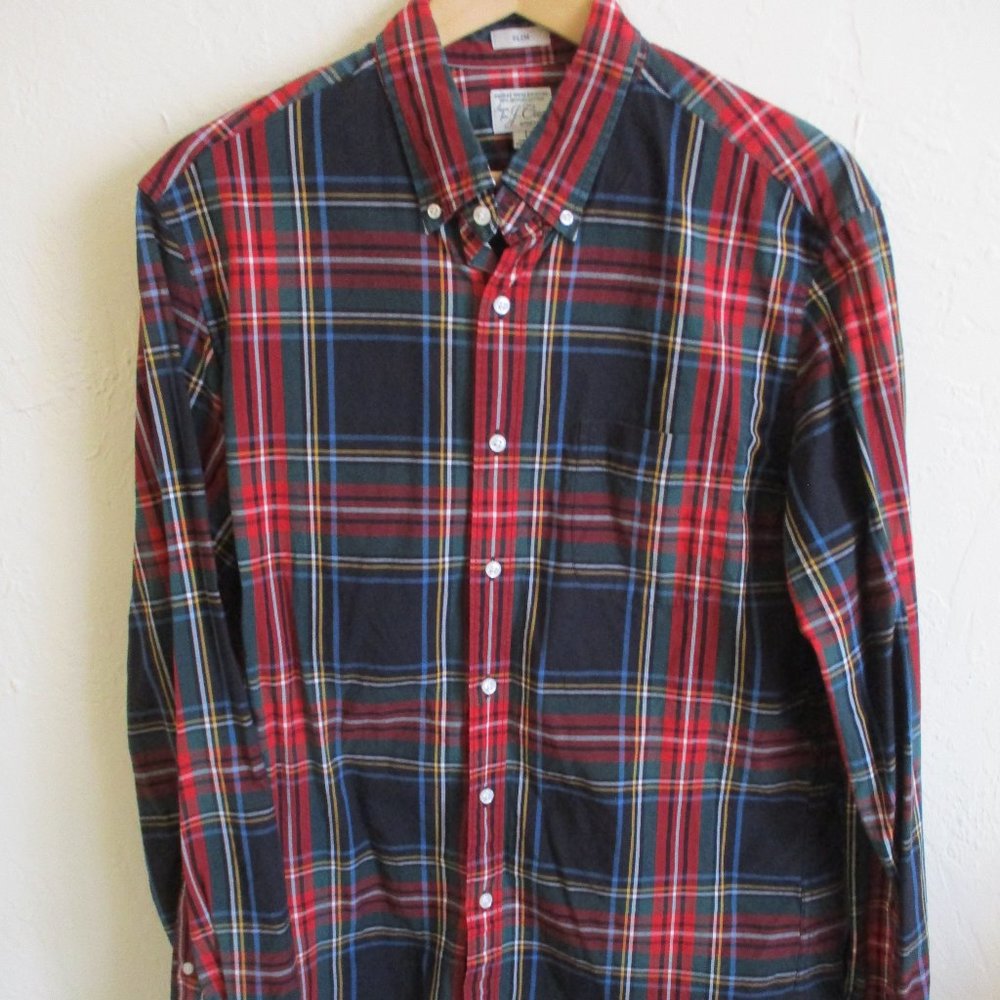 J Crew Mens Shirt Large Classic Stretch Secret Wash Plaid Organic Cotton